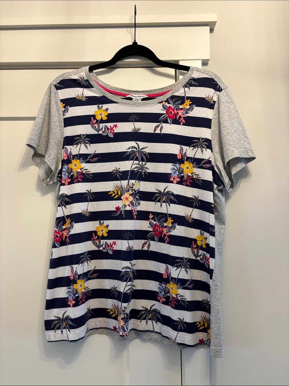 Tommy Bahama Navy, White & Gray Striped Floral Short Sleeve Top